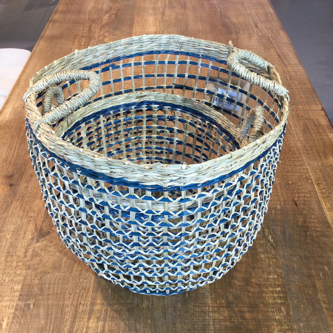 Rattan basket blue line and handles (Set of 2)