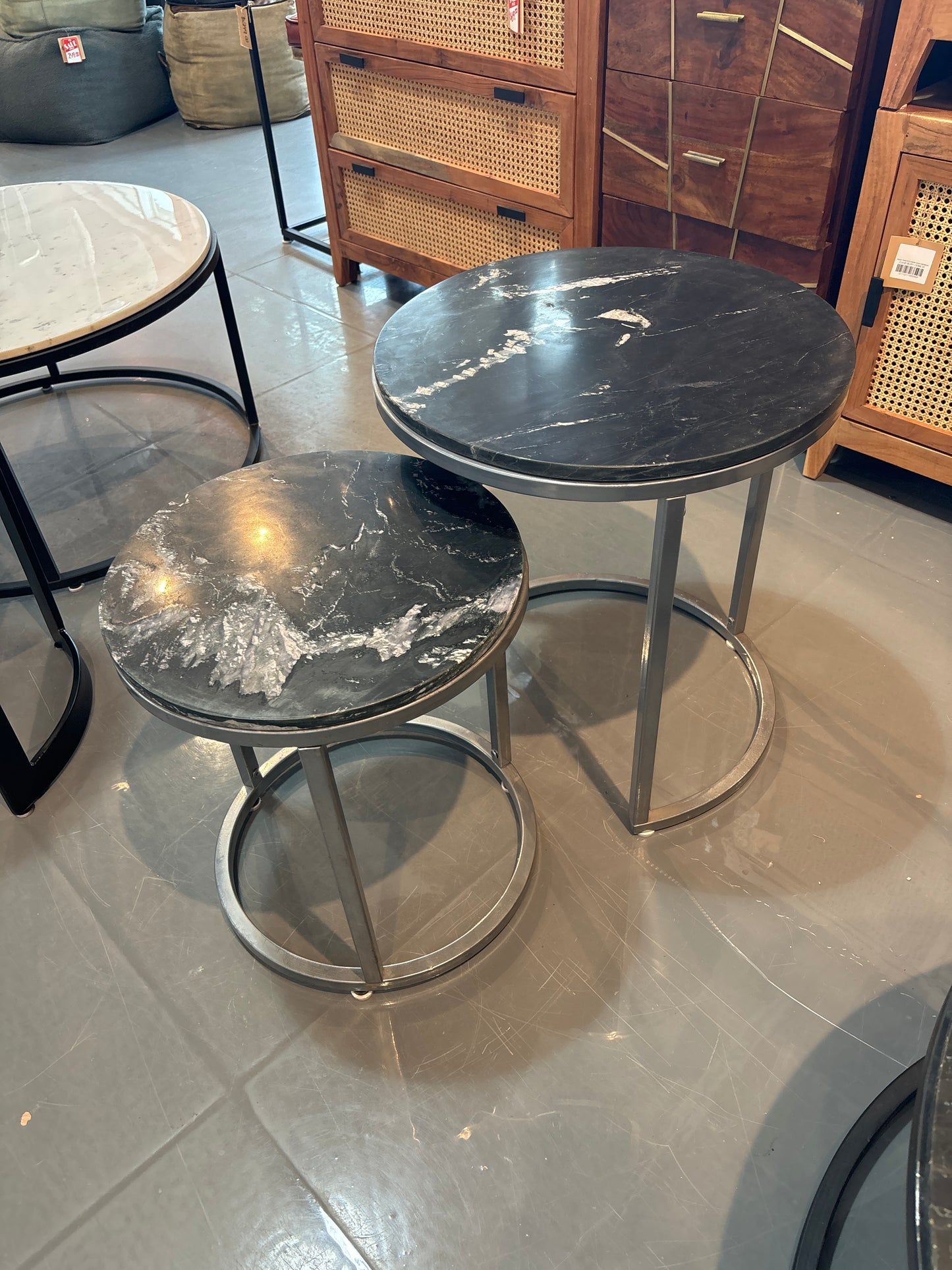 Black Marble set of 2 nesting end tables base half moon