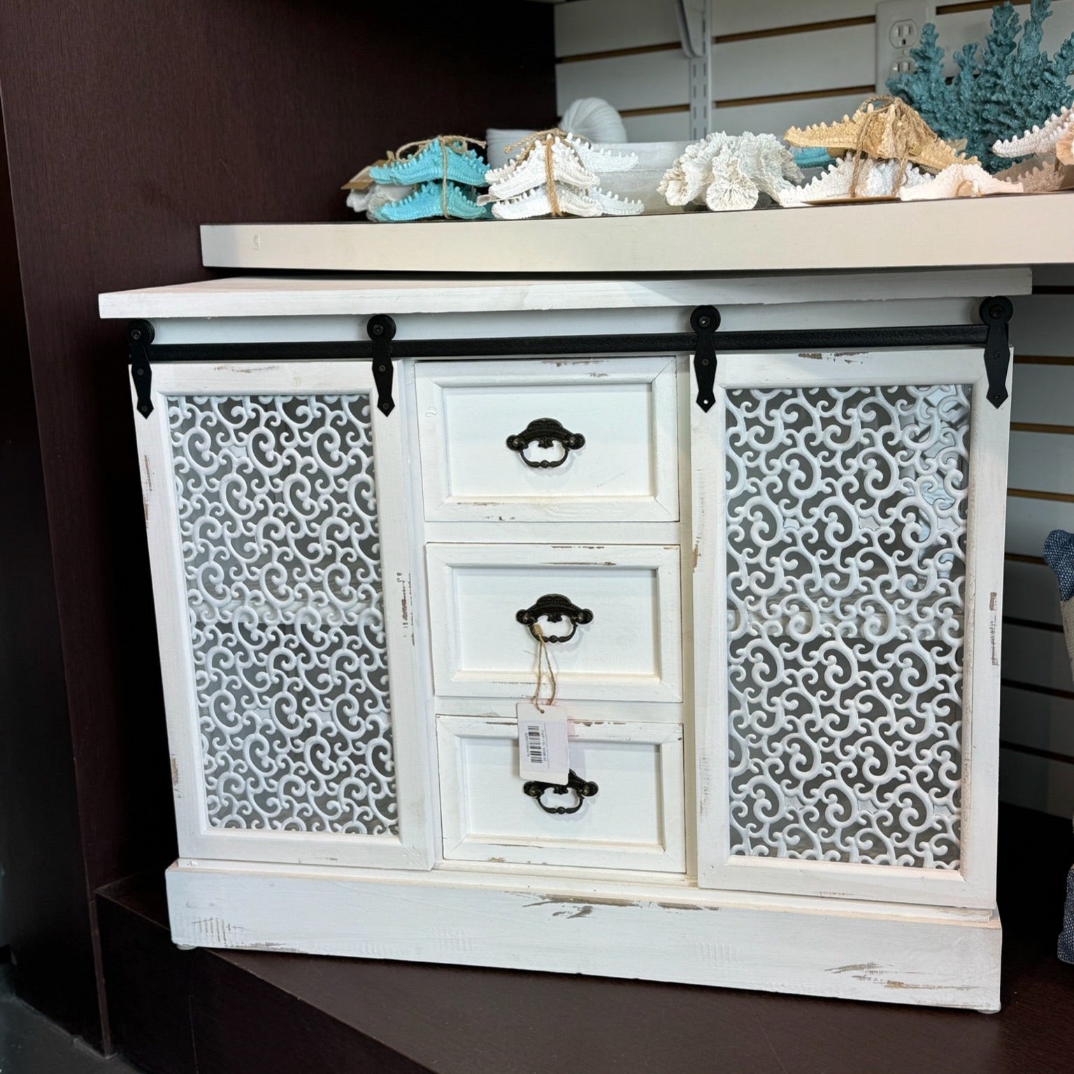 Distressed White Wooden Cabinet with Sliding Doors - Rustic Storage ...