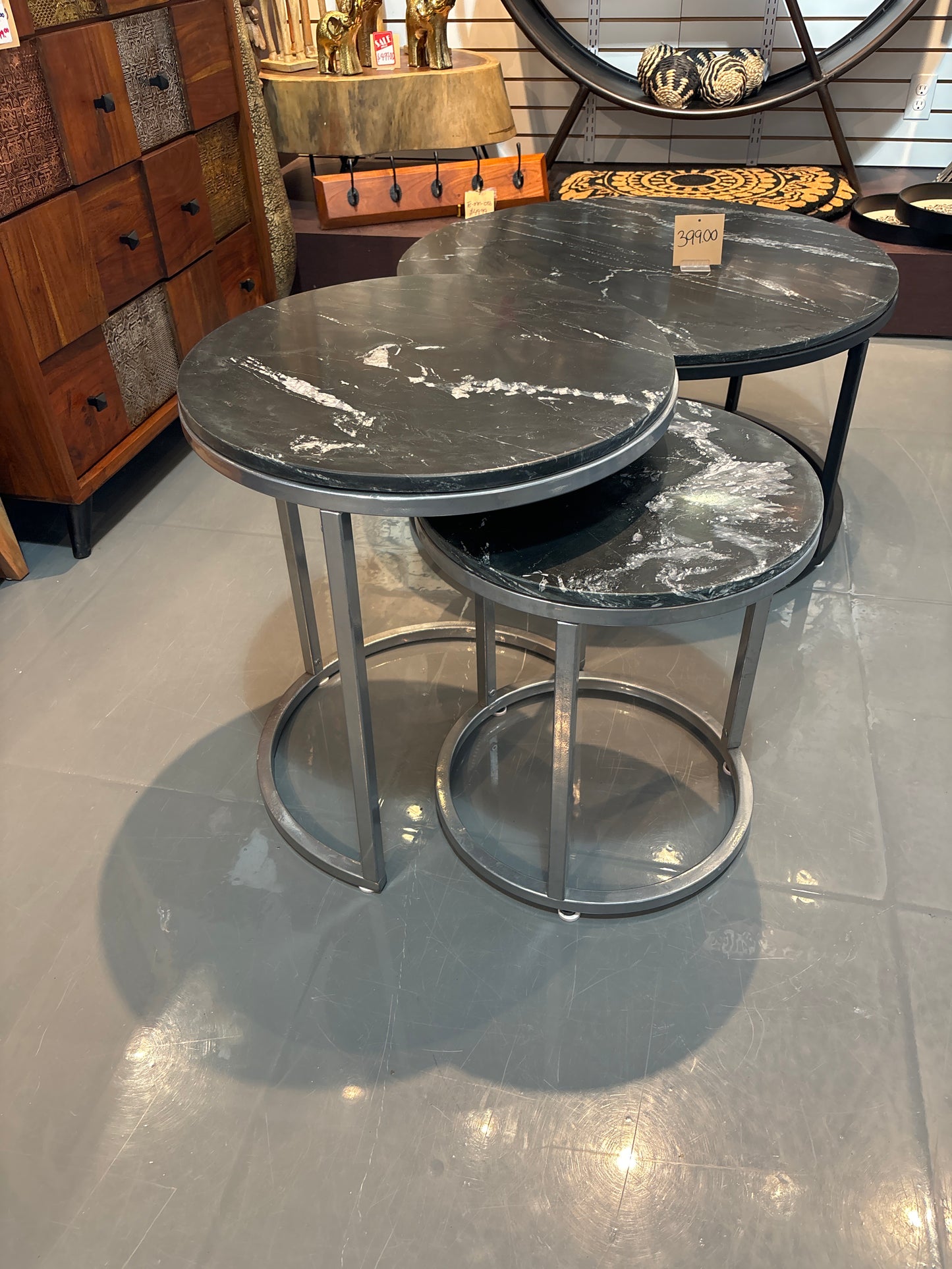 Black Marble set of 2 nesting end tables base half moon