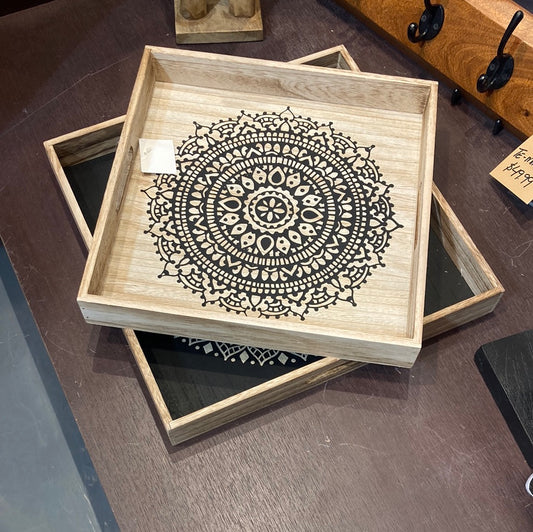 Square set of 2 mandala print wood trays with handles