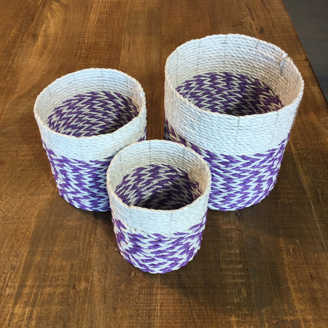 Purple and White Wicker Baskets (Set of 3)