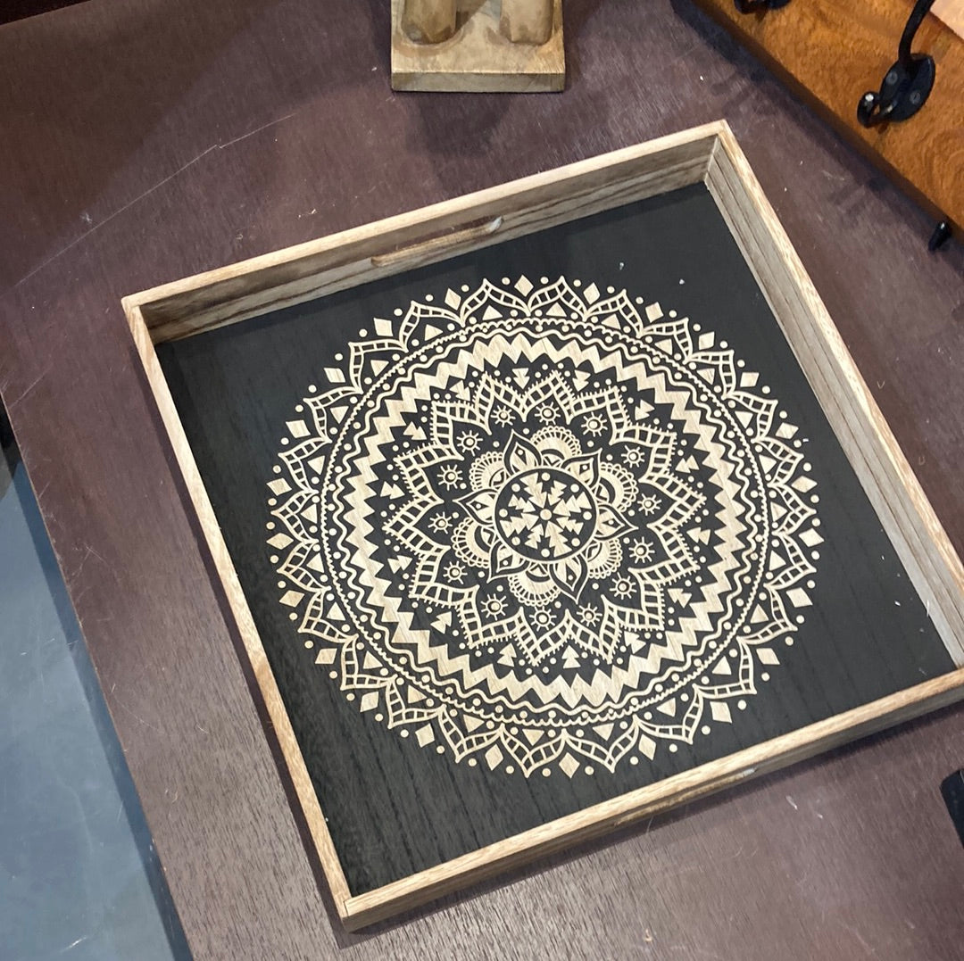 Square set of 2 mandala print wood trays with handles