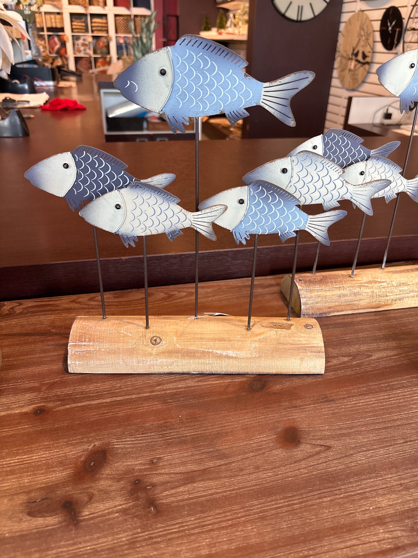 Metal Fishes on Wooden Base