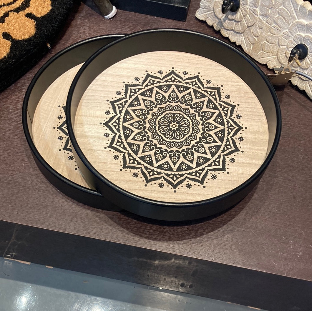 Round mandala print wood decorative tray