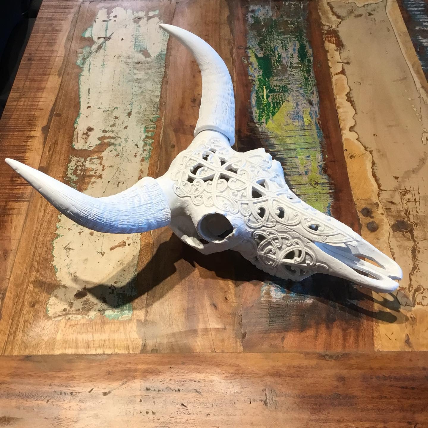 White Tribal Carved Bull Skull