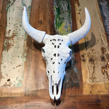 Load image into Gallery viewer, White Tribal Carved Bull Skull
