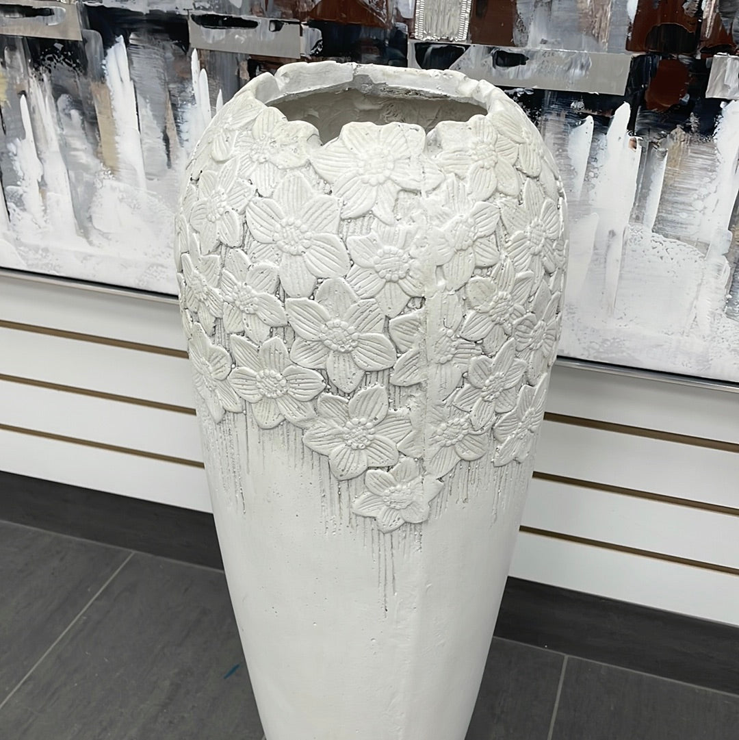 White Embossed Flowers Floor Vase