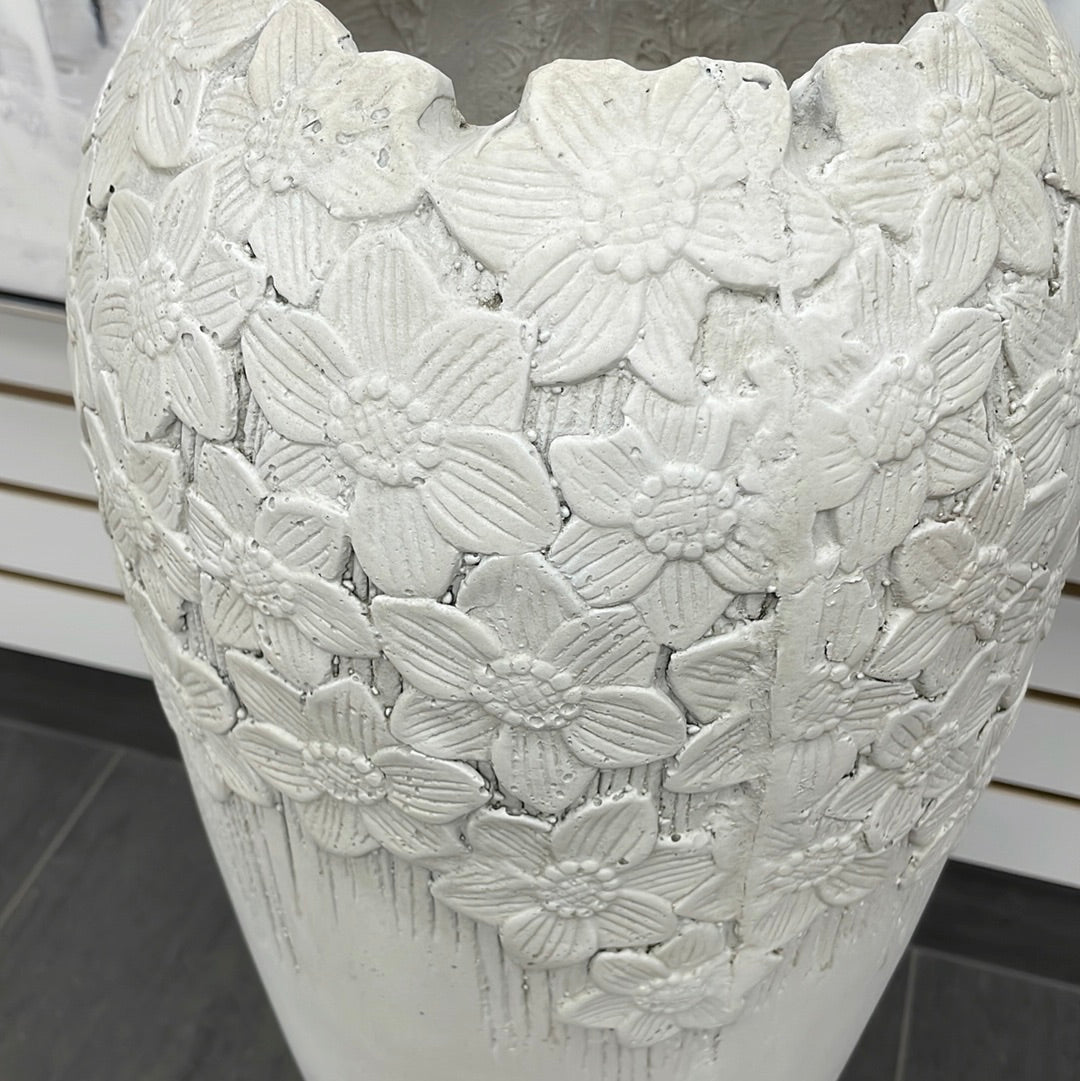 White Embossed Flowers Floor Vase