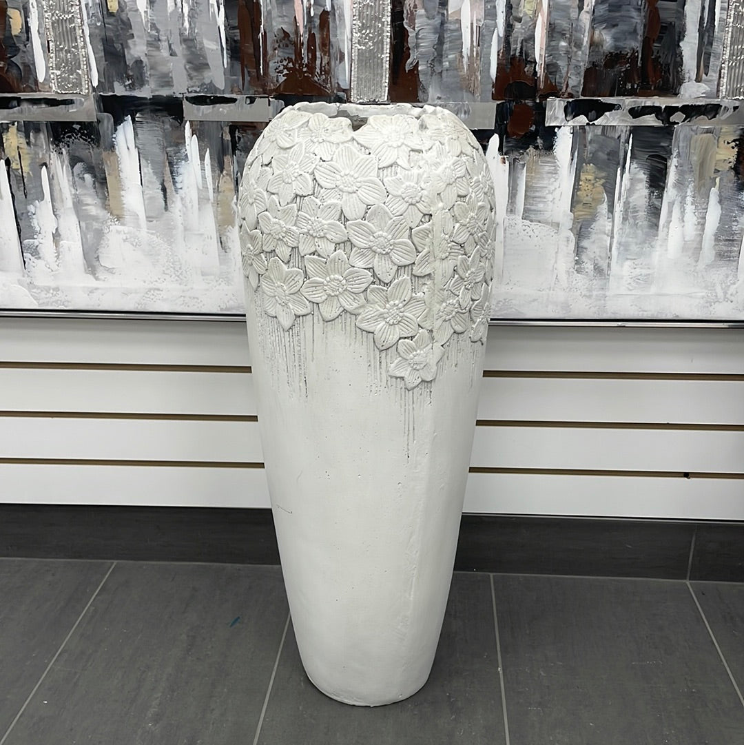 White Embossed Flowers Floor Vase