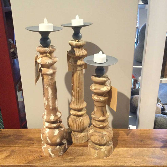 17" Distressed Wood & Metal Candlestick