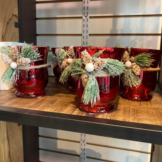 Large Red Metallic Glass Candle Holder With Pinecone