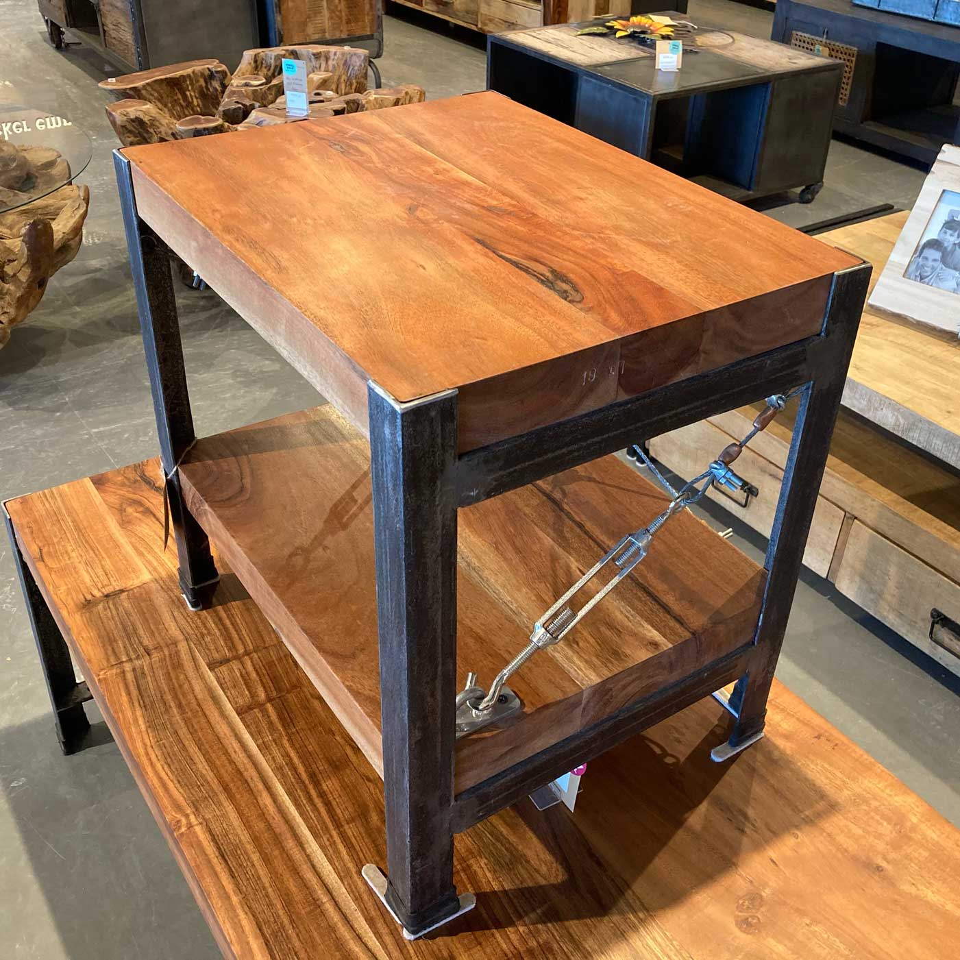 Industrial acacia end table with wires