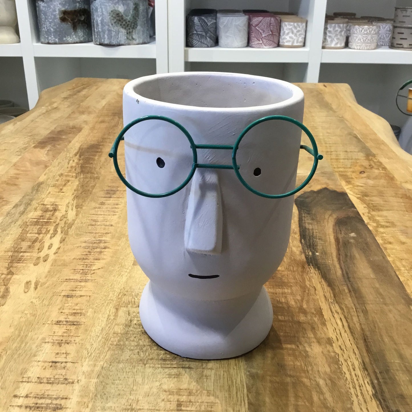 Large Cement Planter of a Face with Glasses