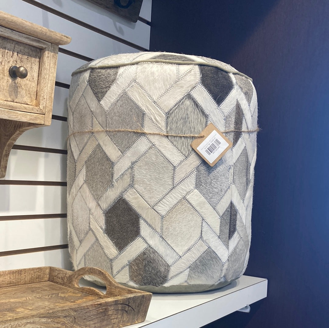 Silver/White Genuine Leather cyclinder pouf