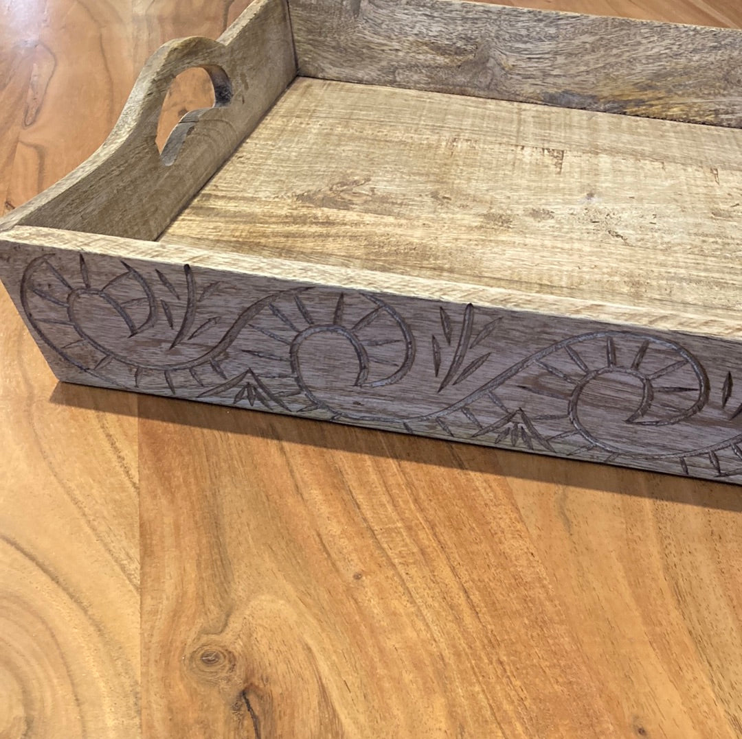 Large Mango Wood display tray with engravings